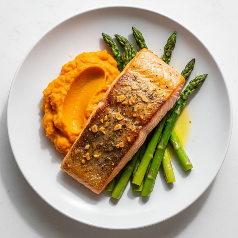 Crispy Baked Salmon with Asparagus and Sweet Potato Mash