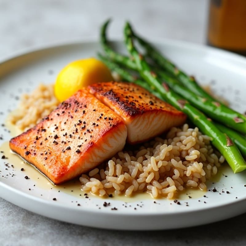 Seared Salmon with Steamed Asparagus and Brown Rice