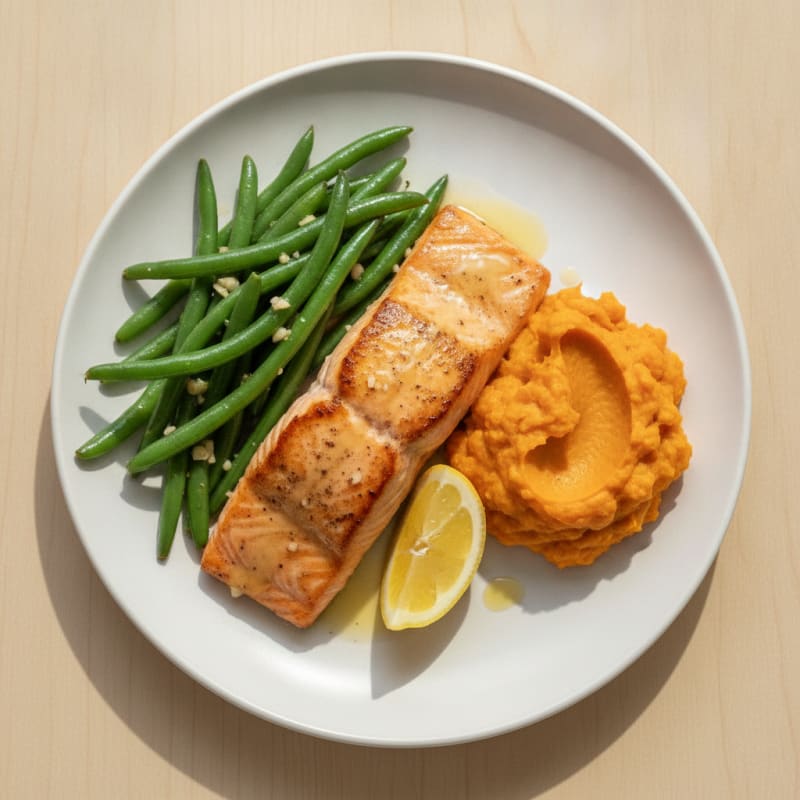 Seared Salmon with Garlic Green Beans and Sweet Potato Mash