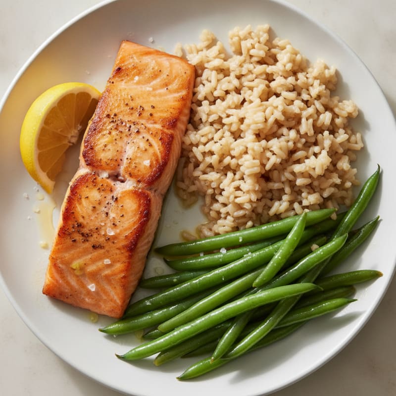 Seared Salmon Fillet with Steamed Green Beans and Brown Rice