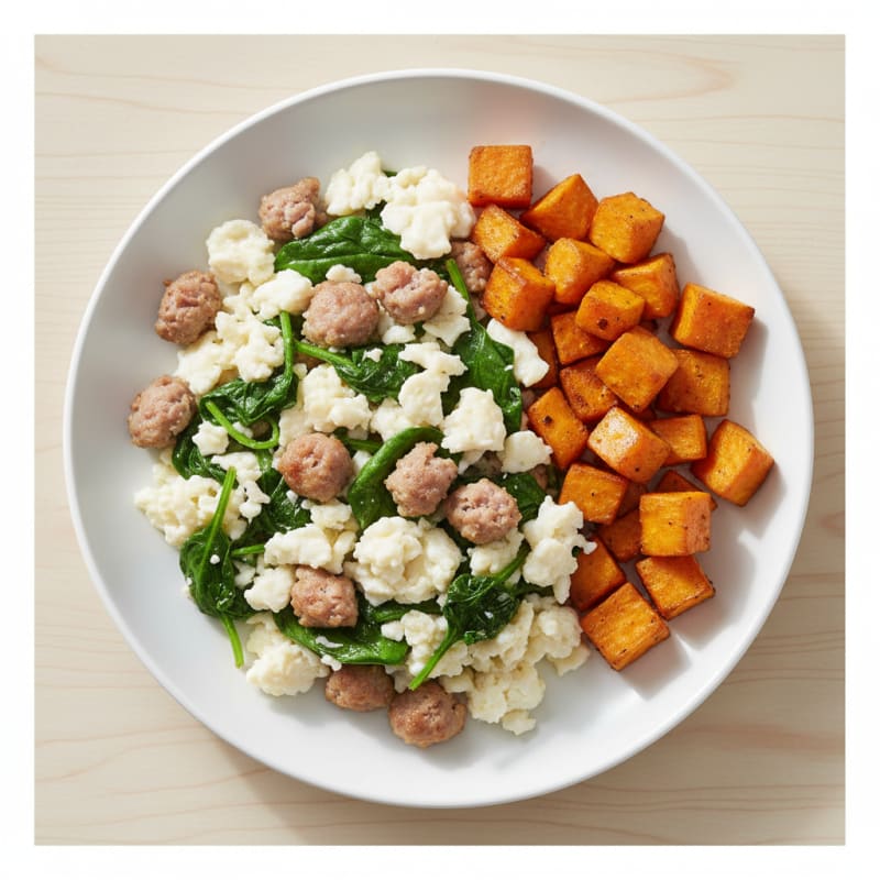 Egg White and Turkey Sausage Scramble with Spinach and Roasted Sweet Potato