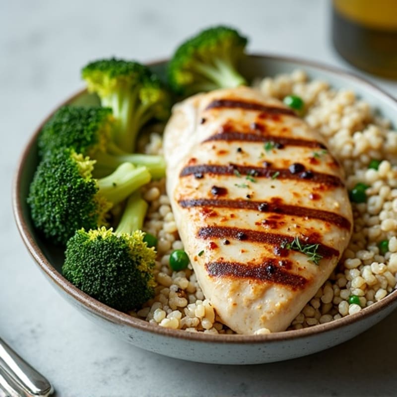 Grilled Chicken Breast with Creamy Quinoa and Roasted Broccoli