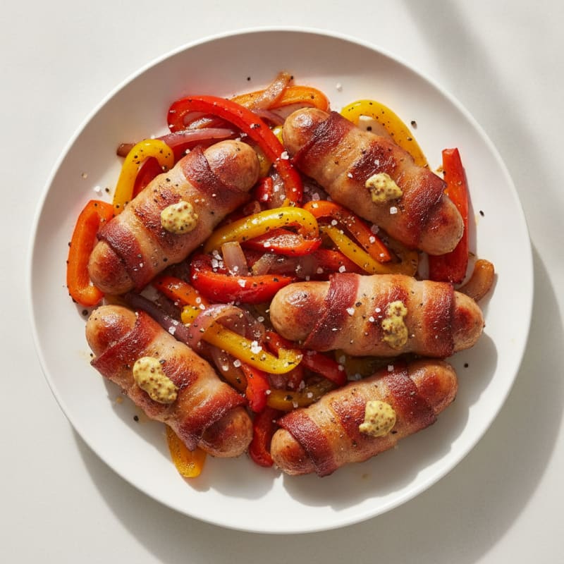 Bacon-Wrapped Chicken Sausages with Sautéed Peppers
