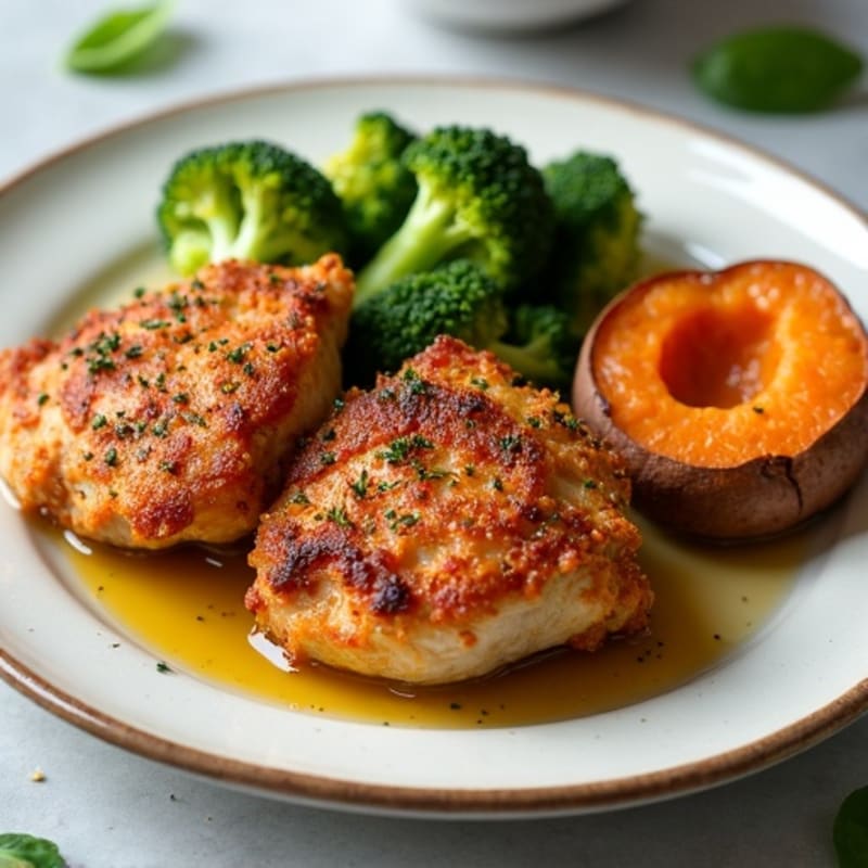 Crispy Baked Chicken Thighs with Roasted Broccoli and Sweet Potato