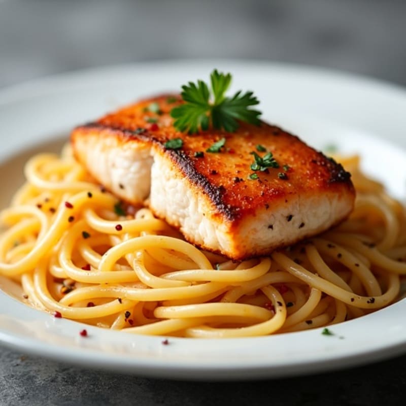 Crispy Pan-Seared Salmon with Spicy Creamy Garlic Noodles