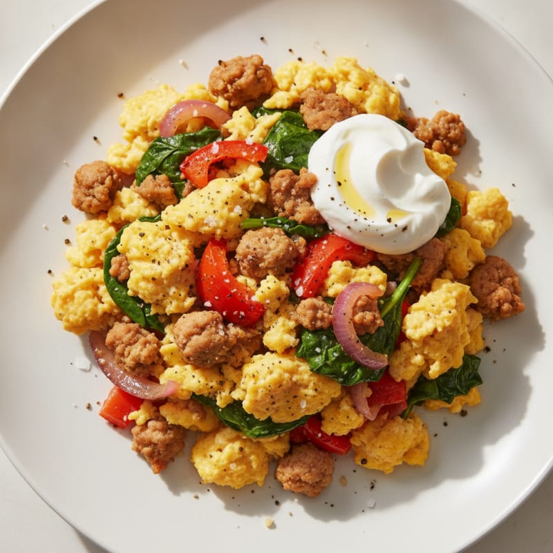 Hearty Scrambled Eggs with Roasted Vegetables