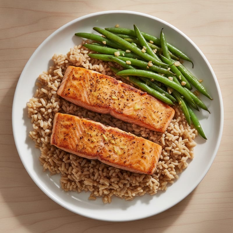 Seared Salmon with Garlic Green Beans and Brown Rice