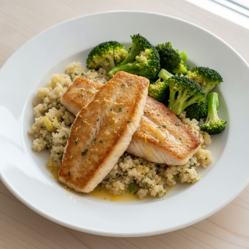 Seared Tilapia with Steamed Broccoli and Lemon Quinoa