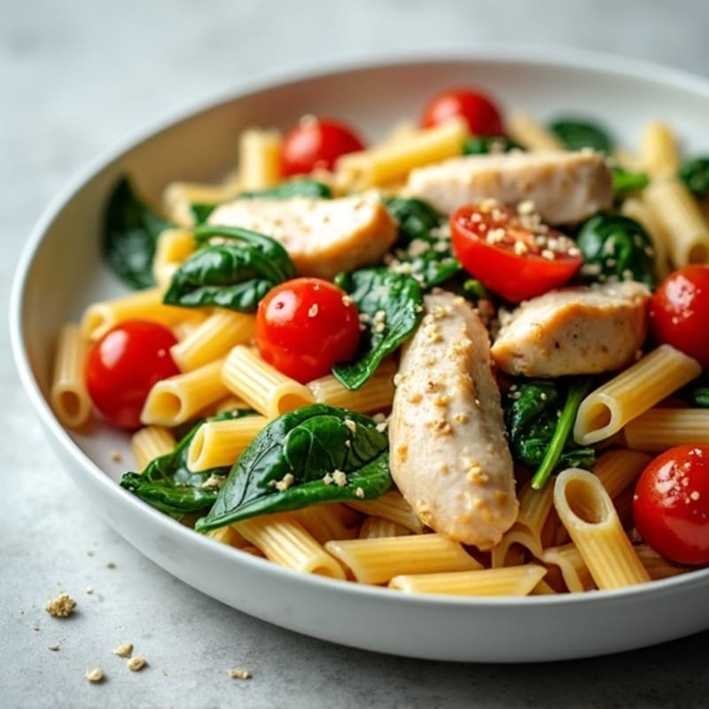 Creamy Chicken Pasta with Fresh Spinach and Roasted Tomatoes