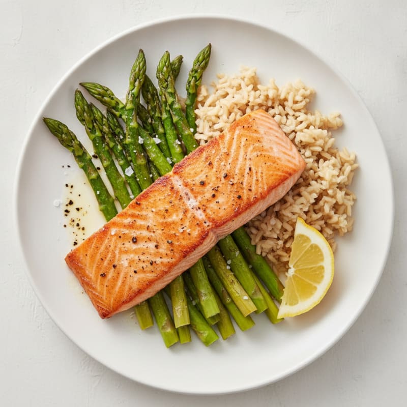 Seared Salmon Fillet with Roasted Asparagus and Brown Rice