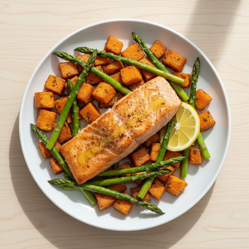 Seared Salmon Fillet with Roasted Sweet Potatoes and Asparagus