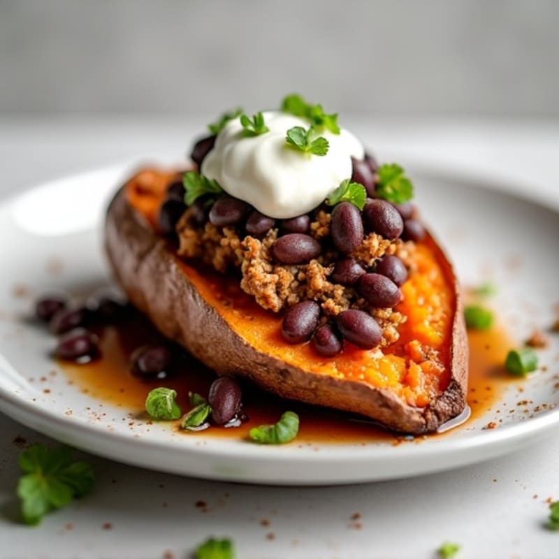 Crispy Baked Sweet Potato with Lean Ground Turkey, Black Beans, and Creamy Greek Yogurt
