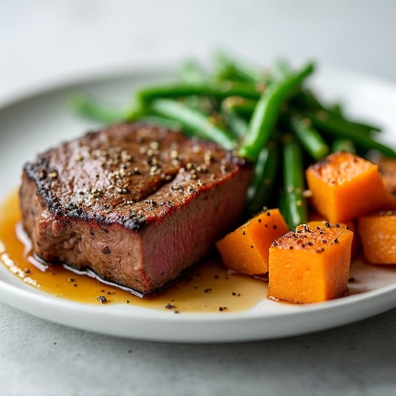 Seared Lean Beef with Roasted Sweet Potato and Green Beans
