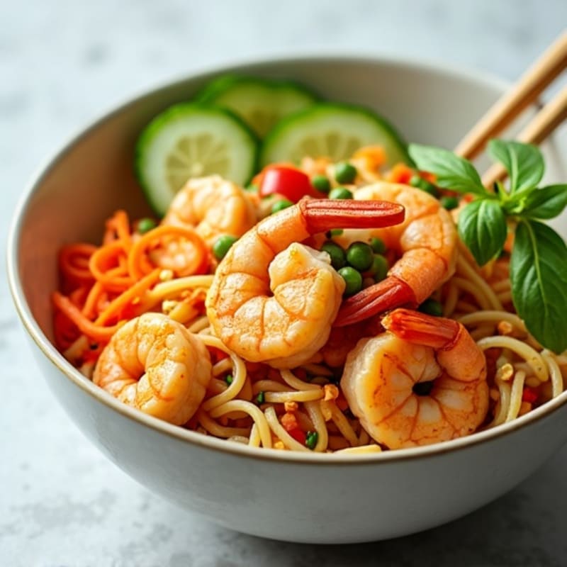 Shrimp with Sweet and Savory Peanut Rice Noodles and Crisp Veggies