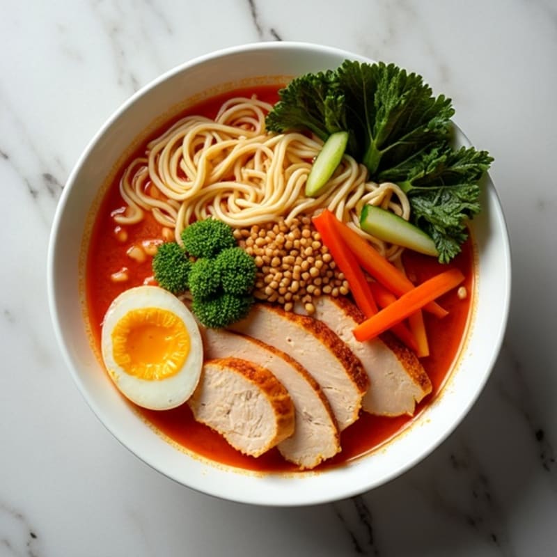 Spicy Sriracha Chicken Ramen Bowl with Fresh Vegetables