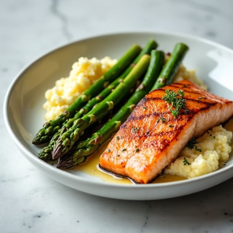 Seared Salmon Fillet with Roasted Asparagus and Cauliflower Mash