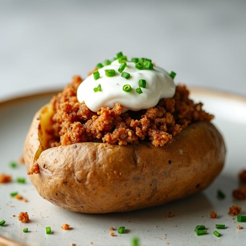 Crispy Baked Potato with Savory Ground Turkey and Creamy Chive Topping