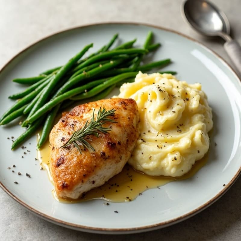 Herb-Roasted Chicken with Creamy Garlic Mashed Potatoes and Crispy Roasted Green Beans