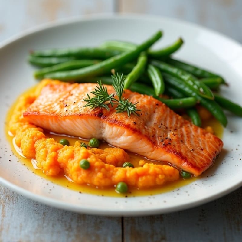 Seared Salmon with Steamed Green Beans and Sweet Potato Mash
