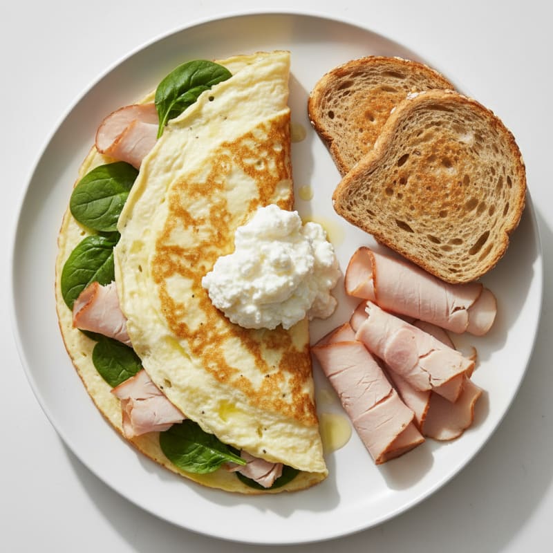 Egg White and Spinach Omelet with Cottage Cheese and Sliced Turkey
