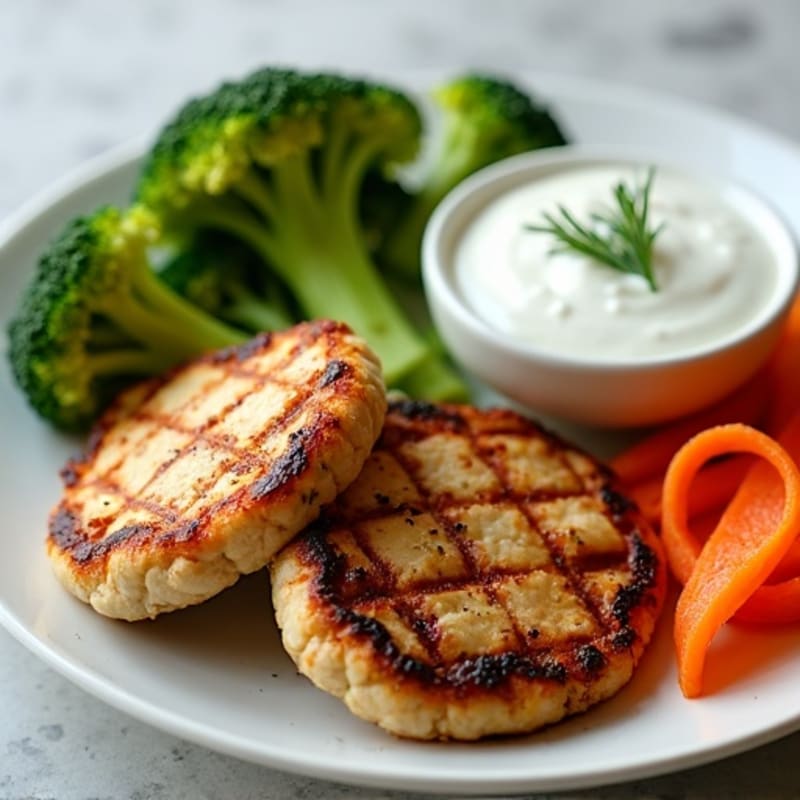 Juicy Grilled Chicken Patties with Steamed Broccoli, Ribboned Carrots, and Creamy Greek Yogurt Dip