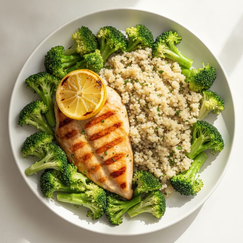 Grilled Chicken Breast with Steamed Broccoli and Quinoa