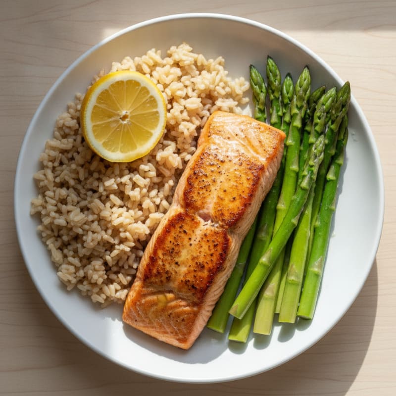 Seared Salmon with Steamed Asparagus and Brown Rice