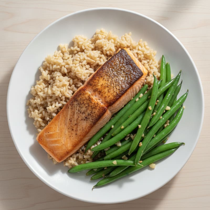 Seared Salmon with Garlic Green Beans and Brown Rice