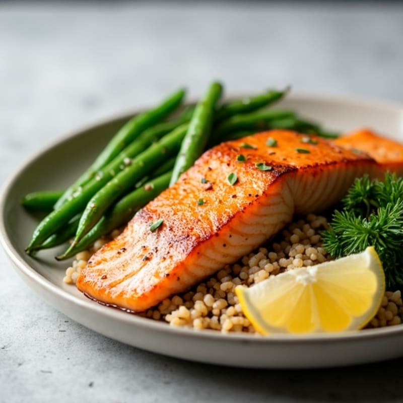 Seared Salmon Fillet with Garlic Green Beans and Brown Rice