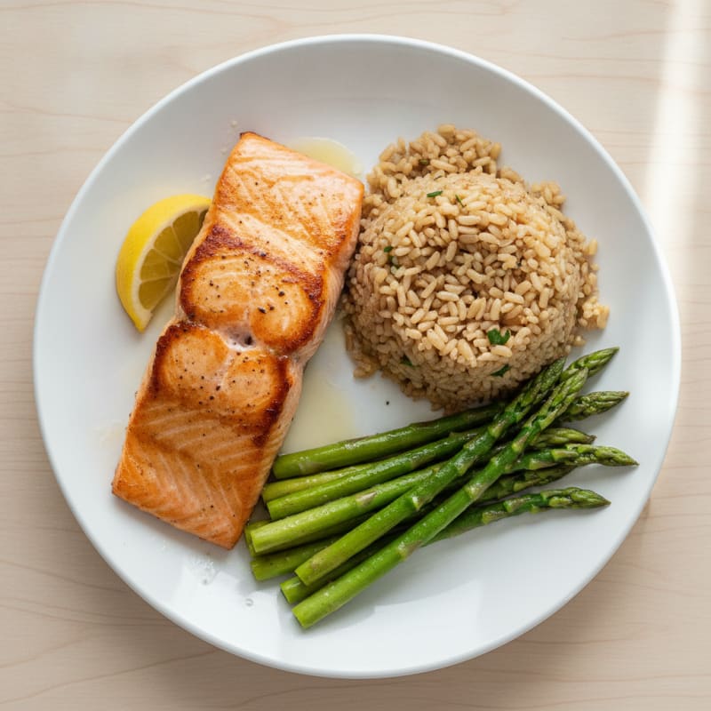 Seared Salmon with Steamed Asparagus and Brown Rice