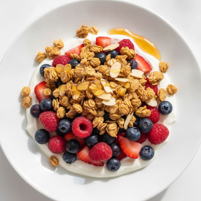 Greek Yogurt Parfait with Mixed Berries and Crunchy Almond Granola