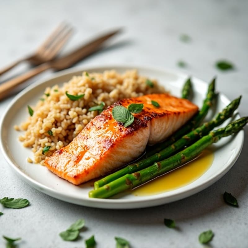 Seared Salmon with Steamed Asparagus and Brown Rice