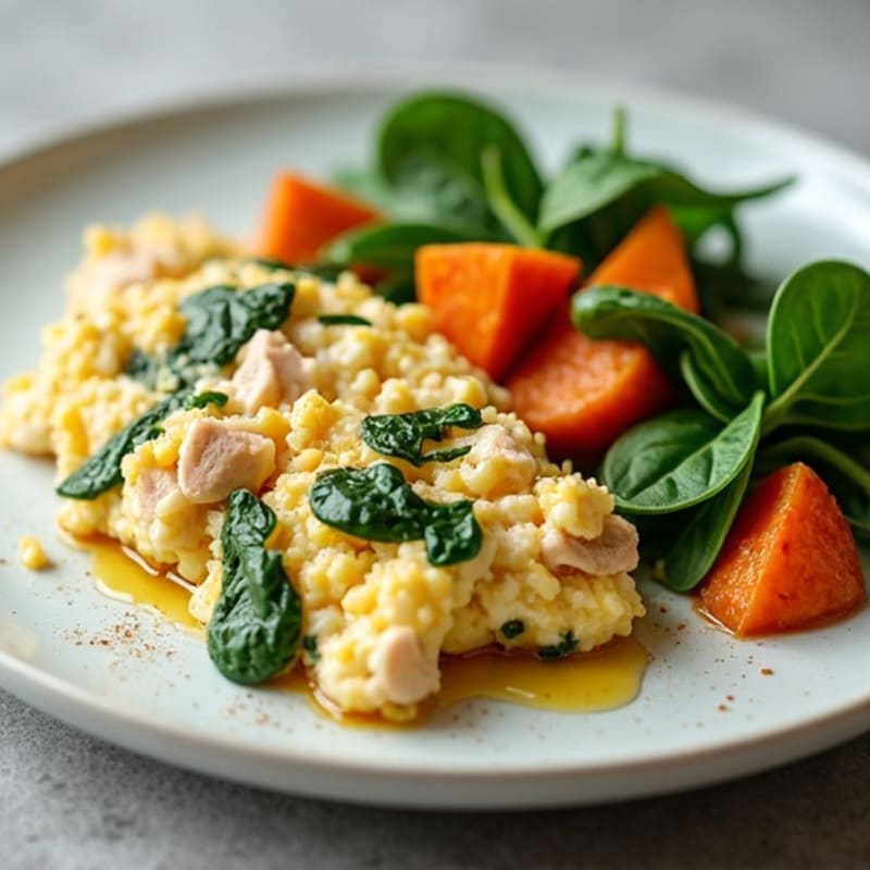 Egg White and Turkey Spinach Scramble with Roasted Sweet Potatoes