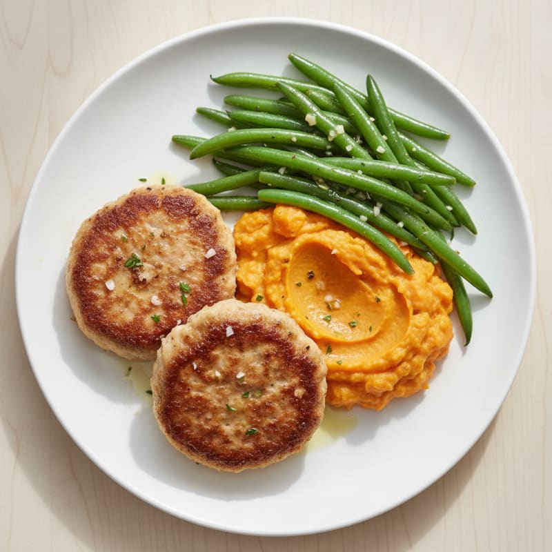 Seared Turkey Patties with Garlic Green Beans and Sweet Potato Mash