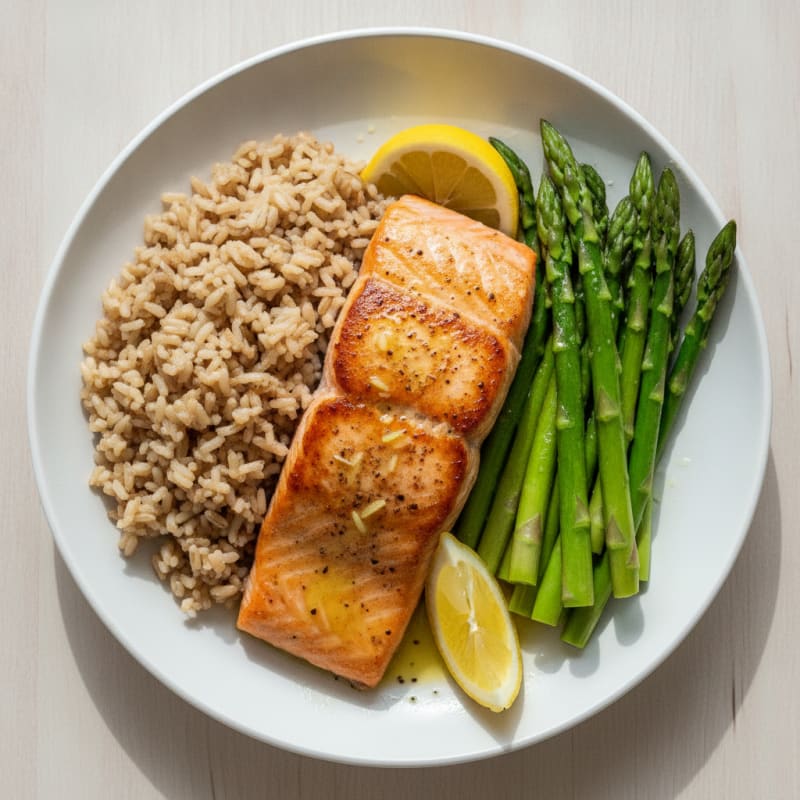 Pan-Seared Salmon with Steamed Asparagus and Brown Rice