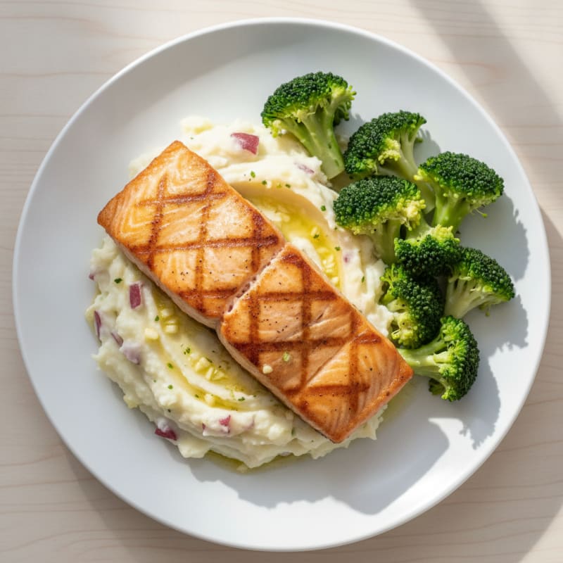 Seared Salmon with Steamed Broccoli and Garlic Mashed Potatoes