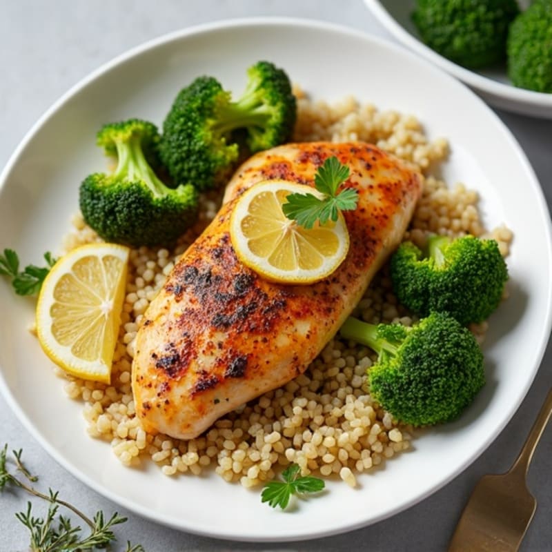 Lemon-Herb Roasted Chicken with Crispy Roasted Broccoli and Quinoa