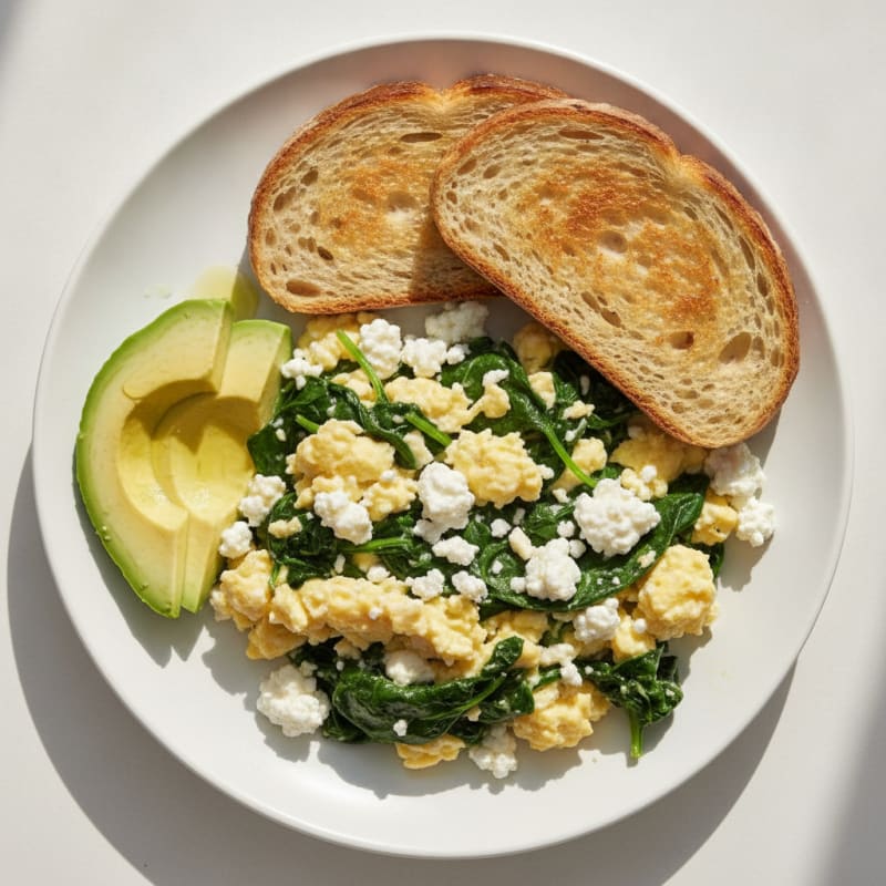 Scrambled Eggs with Cottage Cheese and Sautéed Spinach