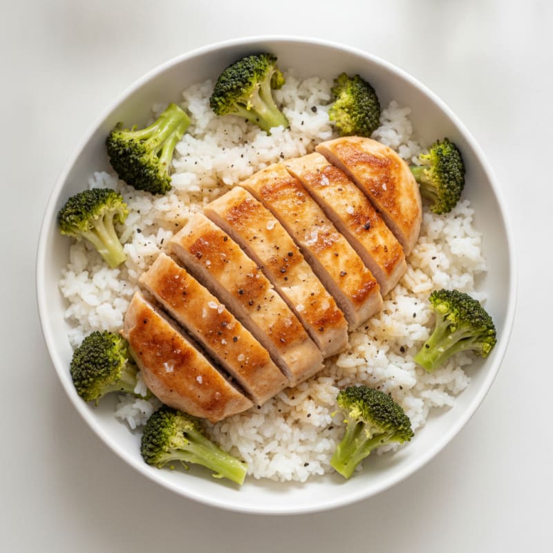 Simple Steamed White Rice with Pan-Seared Chicken and Broccoli