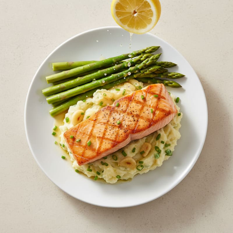 Seared Salmon with Steamed Asparagus and Garlic Mashed Potatoes