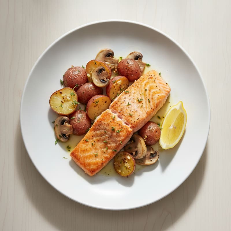 Seared Salmon with Roasted Potatoes and Mushrooms