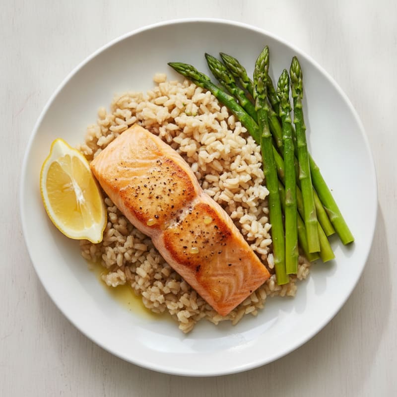 Pan-Seared Salmon with Steamed Asparagus and Brown Rice