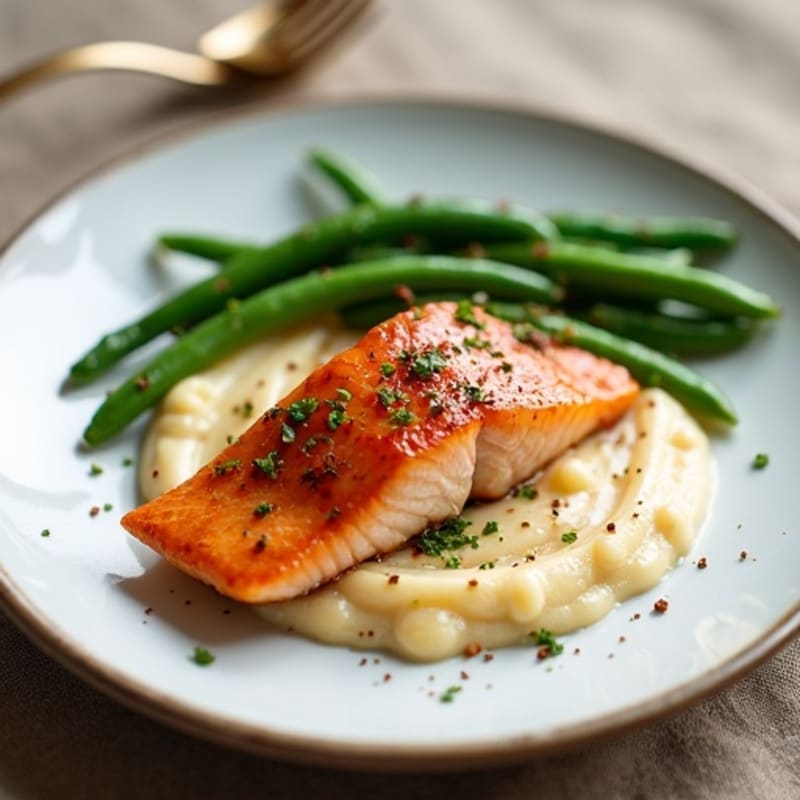 Maple-Glazed Salmon with Creamy Parsnip Puree and Roasted Green Beans