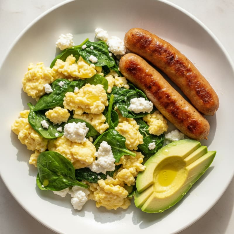 Cottage Cheese Scramble with Sautéed Spinach and Turkey Sausage