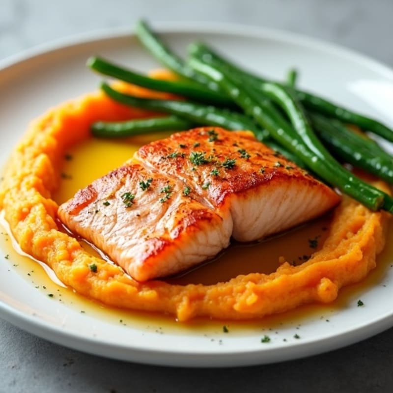 Seared Salmon Fillet with Steamed Green Beans and Sweet Potato Mash