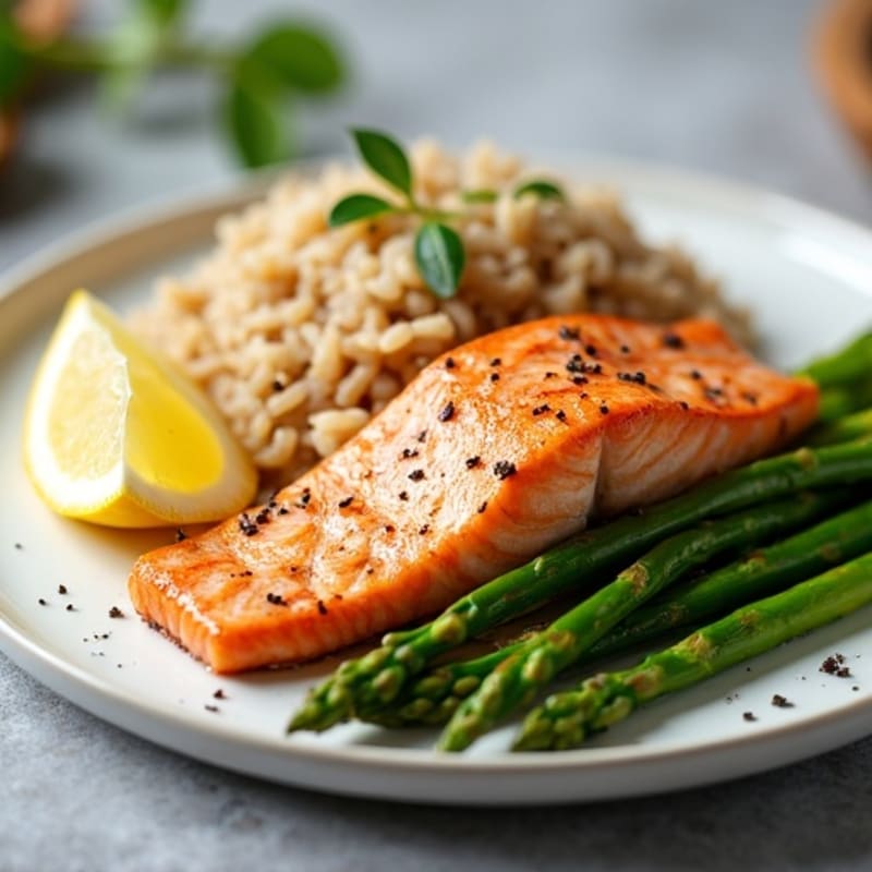 Seared Salmon with Steamed Asparagus and Brown Rice