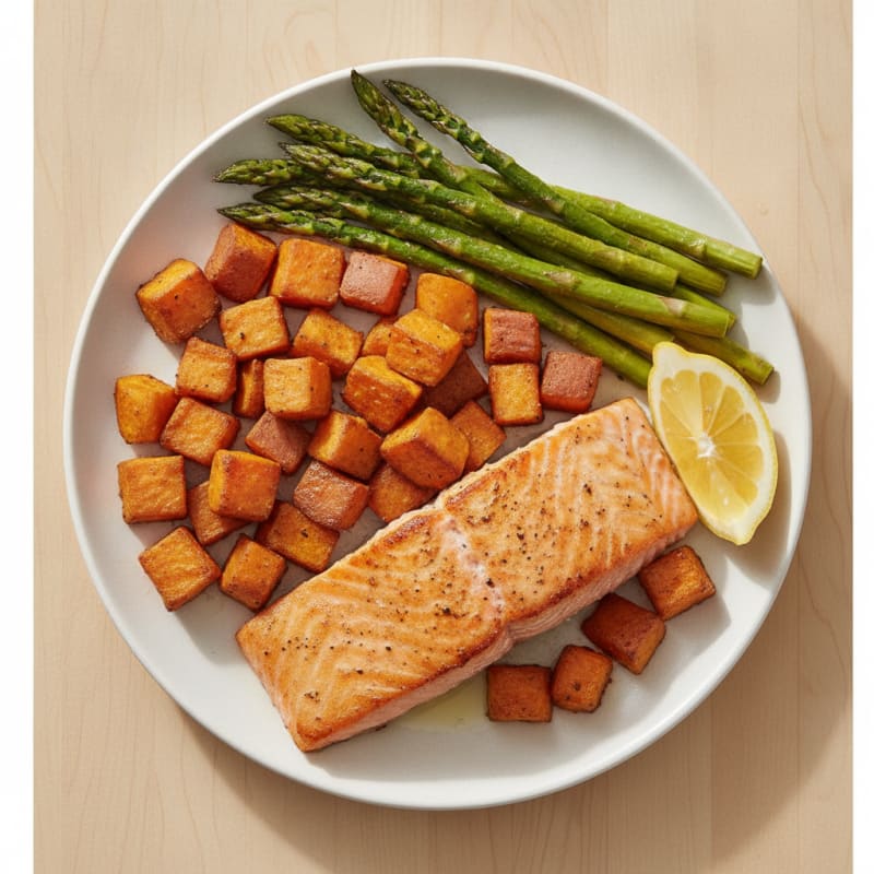 Seared Salmon Fillet with Roasted Sweet Potato and Asparagus