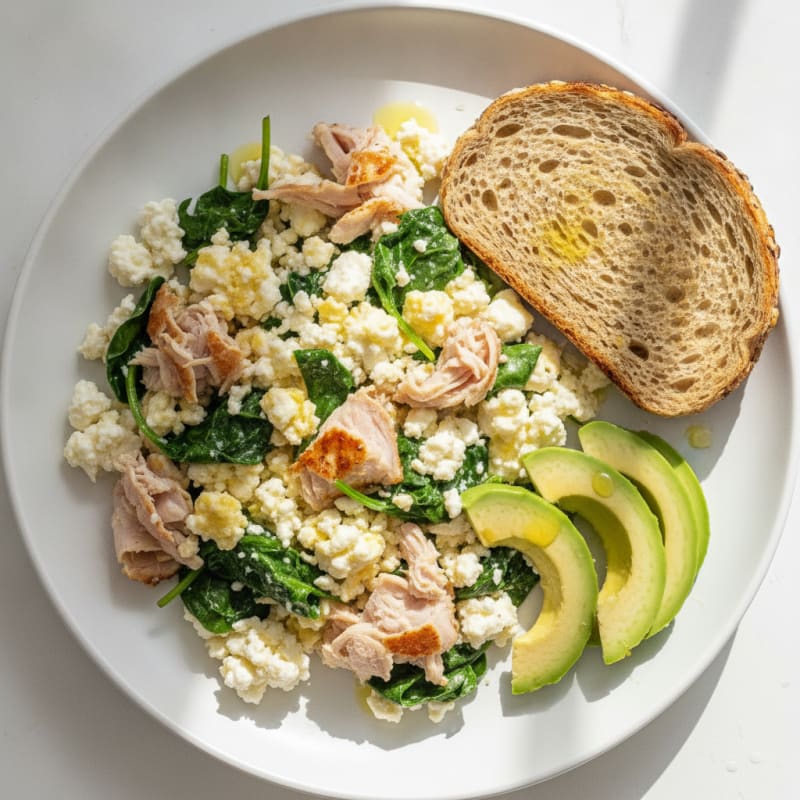 Cottage Cheese and Egg White Scramble with Sautéed Spinach and Smoked Turkey
