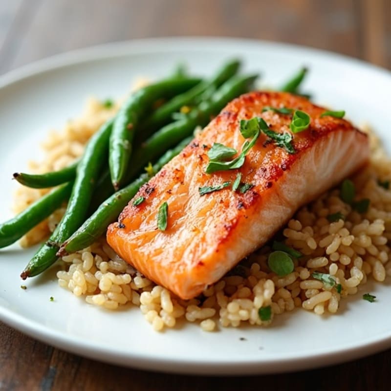 Seared Salmon with Garlic Green Beans and Brown Rice