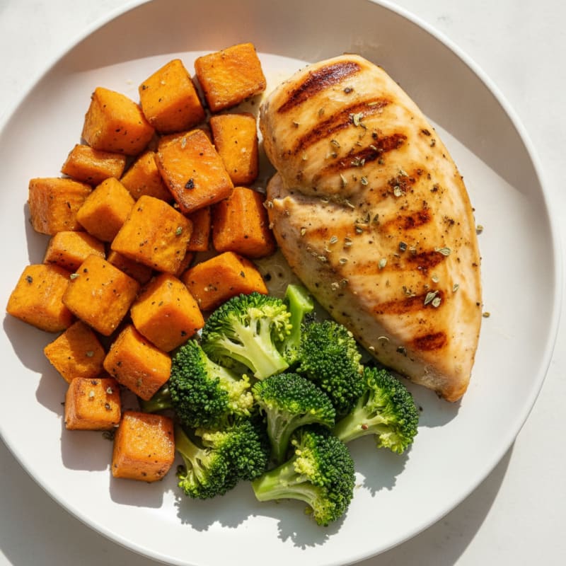 Grilled Chicken Breast with Roasted Sweet Potatoes and Steamed Broccoli